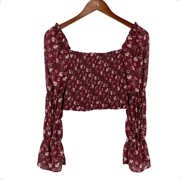 Wild Fable Blouse Cropped Smocked Long Puffy Sleeves Red Floral Boho Women's S - Picture 1 of 9